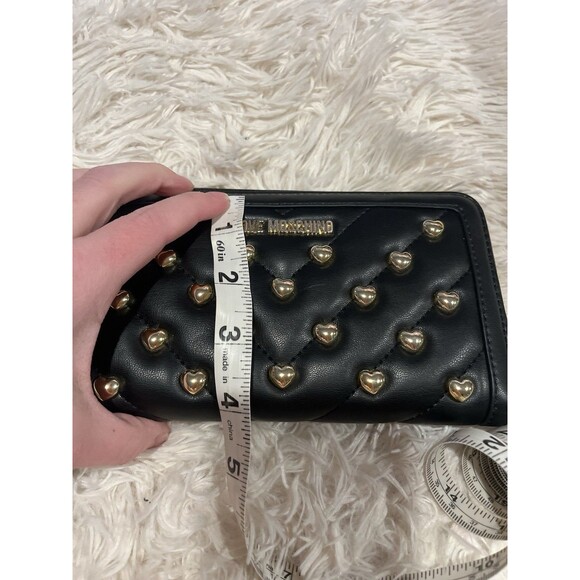 LOVE MOSCHINO Black Vegan Leather Gold Heart Studded Full Zip Wallet Red Inside - Picture 16 of 16